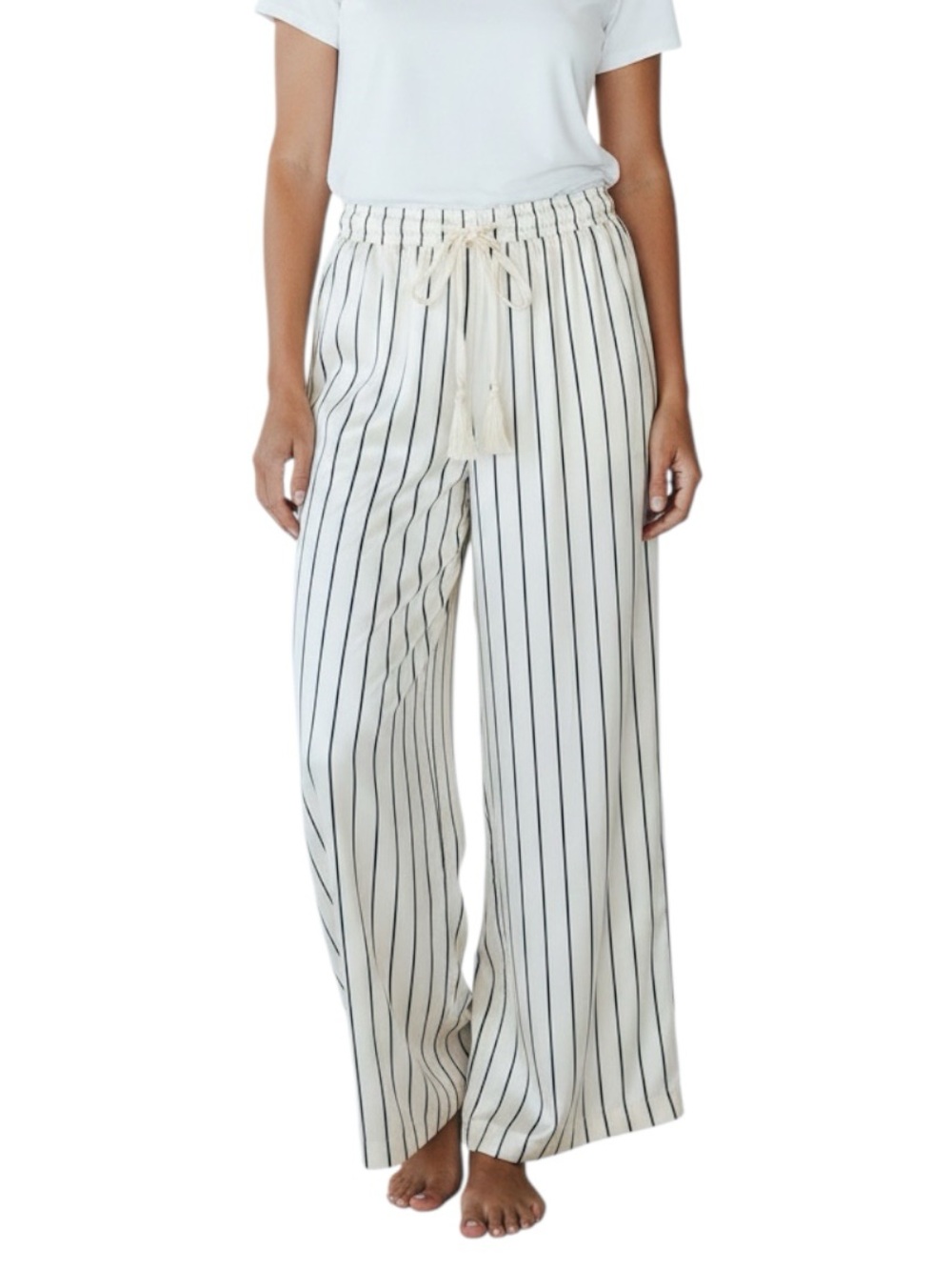 Ralph Lauren Purple Label Silk Satin Cream Striped Wide Leg Drawstring Pants 2